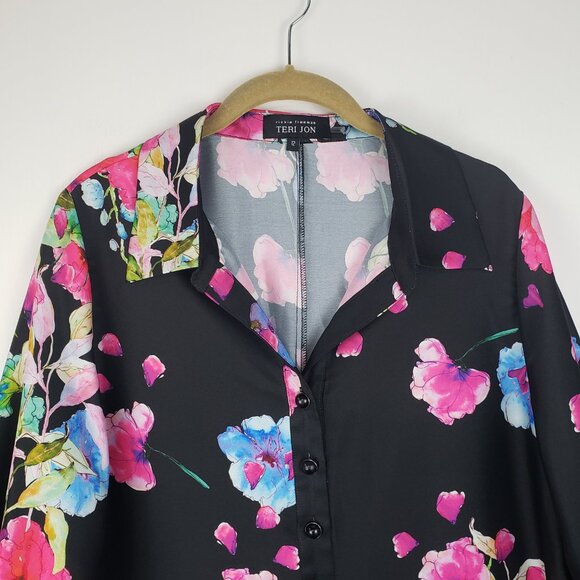 Rickie Freeman For Teri Jon Twill Floral Print Shift Dress Black Multi Size 12 - Picture 3 of 8